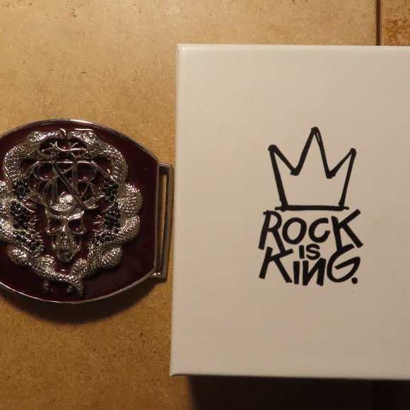 Rock Is King/Rock & Republic Belt Buckle; Skull; Silver & Red; NEW - Picture 1 of 3
